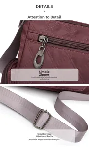 Detailed view of burgundy quilted crossbody bag with metal zipper and adjustable strap