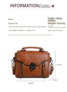 Detailed size parameters of vintage brown PU leather crossbody bag with 20x11x15cm dimensions
