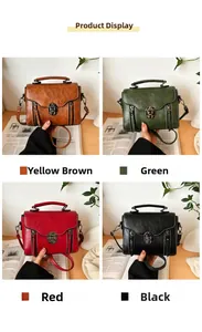 Detailed four-color grid of vintage PU leather crossbody bags on a wooden surface