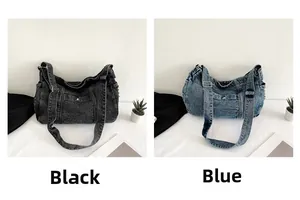 Comparison of black and blue vintage washed denim messenger bags with metal hardware detail