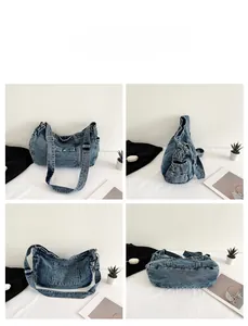 Detailed four-angle views of a retro washed blue denim shoulder bag with multi-pockets