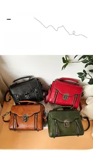 Detailed close-up of retro crossbody bags in black, burgundy, brown, and green leather