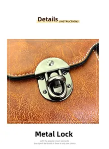 Detailed macro view of the vintage gunmetal twist lock on brown textured leather bag