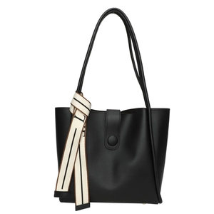 Minimalist black leather tote bag with large capacity and decorative striped ribbon handle