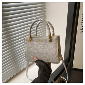Detail of silver snake-embossed small square bag with woven handles and gold metal accents