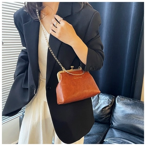 Dettaglio borsa vintage marrone con chiusura a scatto e tracolla a catena d'oro