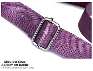 Detail of purple nylon shoulder strap with adjustable silver metal buckle on tote bag