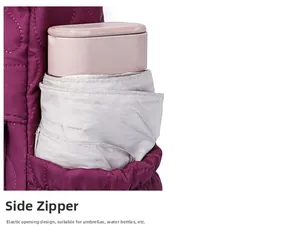 Detail of the purple quilted shoulder bag side pocket with elastic opening for an umbrella