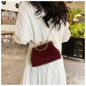 Dettaglio borsa vintage bordeaux con chiusura dorata e catena su abito bianco