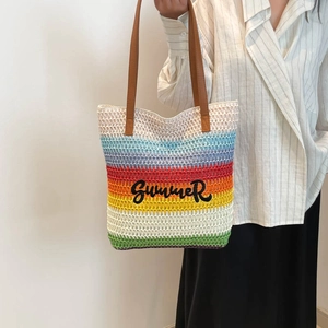 Rainbow striped large straw tote bag with black SUMMER embroidery and leather straps