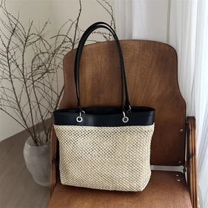 Vintage Summer Straw Weave Tote Bag Women Contrast PU Leather Stitching Shoulder Bag Casual Large Capacity Commuter Handbag