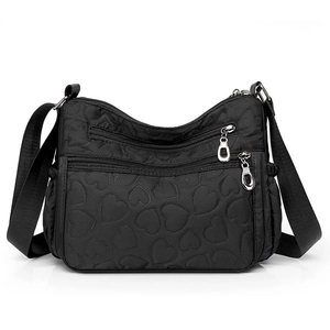 Large capacity black quilted nylon shoulder bag with multi-pockets and adjustable strap