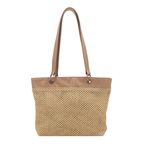 Straw woven tote bag with camel leather straps for summer beach or commute casual style