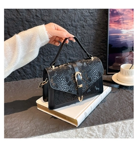 Detail of black snakeskin patterned mini square bag with premium gold buckle lock