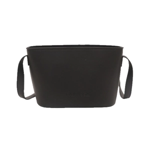 Minimalist matte black bucket bag for women with crossbody strap and logo detail