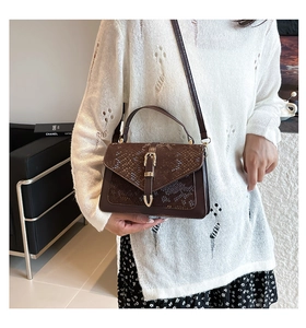 Detail of brown snake pattern crossbody bag with vintage gold buckle on model