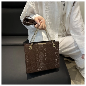 Detail of a brown snakeskin texture bag with gold chain strap and metal buckle