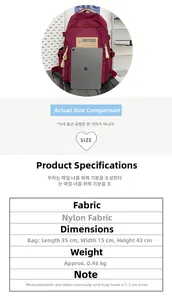 Size comparison of burgundy nylon backpack with tablet showing large capacity details