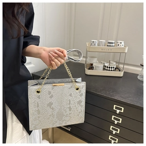 Detail of grey snakeskin pattern handbag with gold chain handle and metallic frame