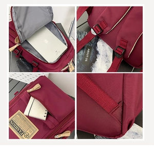Detailed four-view collage showing interior iPad compartment and zippers of burgundy backpack
