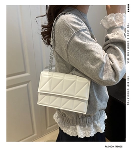 Détail du sac bandoulière matelassé blanc avec chaîne argentée et texture de cuir