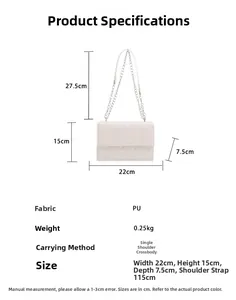 Guide détaillé des dimensions du sac à chaîne en similicuir blanc avec spécifications