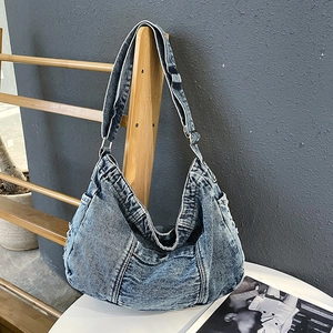 Retro Washed Denim Shoulder Bag For Women Large Capacity Crossbody Tote Bag Multi-Pocket Adjustable Strap Casual Hobo Bag