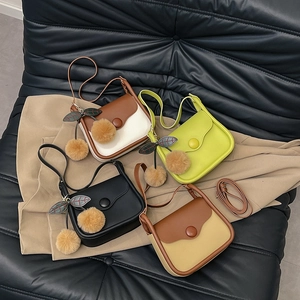 Women Vintage PU Leather Crossbody Bag Color Block Shoulder Bag With Cherry Plush Charm Fashion Daily Square Messenger Bag