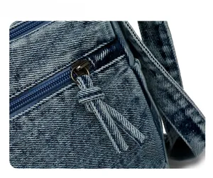 Detail of blue denim crossbody bag featuring a knotted zipper pull and textured fabric