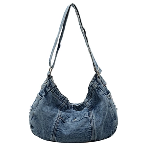 Minimalist large capacity denim hobo bag with vintage washed finish and moon shape