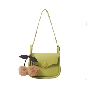Avocado green PU leather mini flap crossbody bag with cute plush cherry charm detail