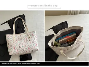 Internal view of a large capacity quilted tote bag showing storage for daily items