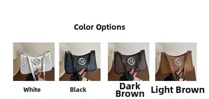 Detail showing the M-pattern shoulder bags in white, black, and brown color options