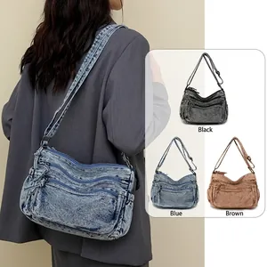 Vintage Washed Denim Crossbody Bag For Women Multi Pocket Large Capacity Adjustable Strap Casual Shoulder Bag