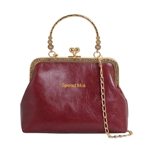 Borsa a Scatto Vintage in Pelle PU da Donna Elegante Manico in Metallo Catena Tracolla Borsa a Spalla Nuovo Stile Cinese