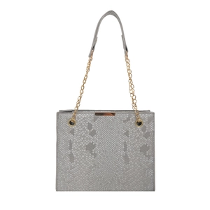 Grey snakeskin patterned leather tote bag with gold chain strap on white background