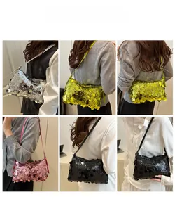 Collage of model wearing sequined shoulder bags in silver, yellow, pink, and black
