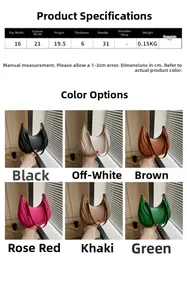 Detailed dimension guide and color options for the pleated faux leather crescent bag