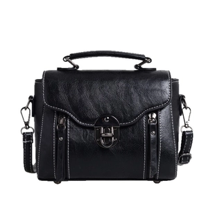 Retro black crossbody square bag with contrast stitching and silver metal lock closure
