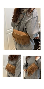Borsa a tracolla in camoscio marrone con frange, cinturino ricamato e stile boho chic