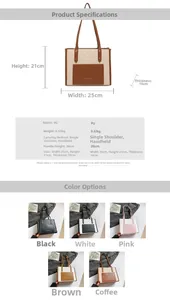 Detailed size specifications and material chart for the checkered contrast tote bag