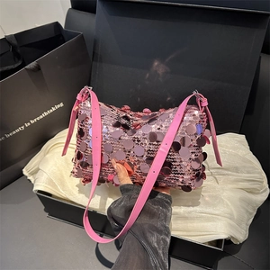 Women Sequin Shoulder Bag Y2K Fashion Sparkly Underarm Bag Metallic Sequin Evening Handbag With Adjustable Synthetic Leather Strap Party Clubwear Square Purse