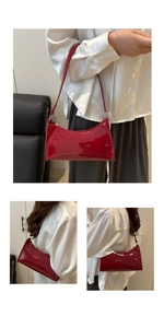 Detail shots of a red patent leather underarm bag showing hand-carry and shoulder styles