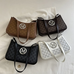 French Vintage Women Shoulder Bag New Summer Letter Print Hobo Bag Fashion PU Leather Underarm Bag with Metal M Logo