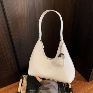 Women Glossy PU Leather Hobo Underarm Bag Sleek Half Moon Shoulder Bag with Heart Pendant Fashion Baguette Handbag