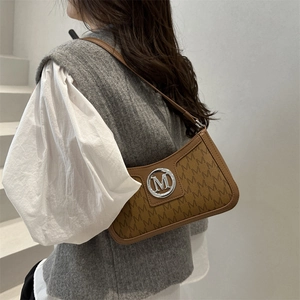 French vintage dark brown underarm bag with M monogram print and silver metal logo