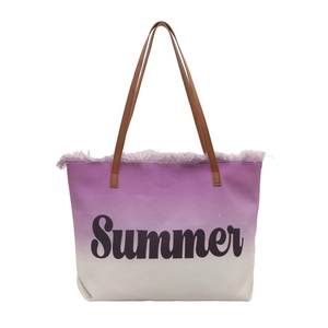 Large gradient purple canvas tote bag with Summer print and trendy fringe edges
