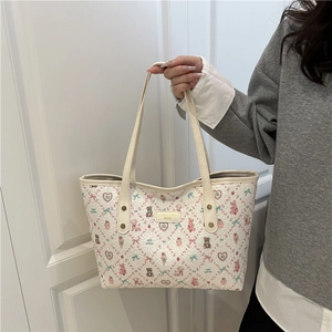 Large capacity tote bag with cartoon prints and textured fabric for summer fashion