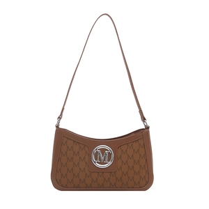 Vintage French underarm bag with brown leather M-letter print and silver logo