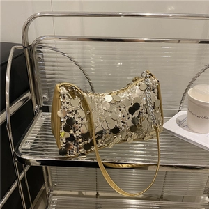 Damen Mode Pailletten Umhängetasche PU Leder Glitzernde Unterarmtasche Mit Metallkette Nischenstil Party Abend Handtasche